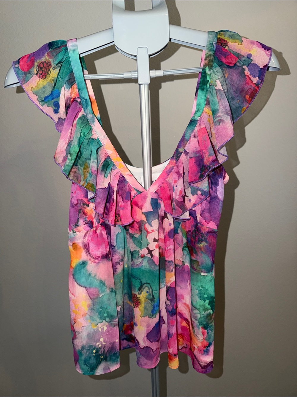 Garmentory Lavender Brown Pink Multiwatercolor Ruffle Tank
